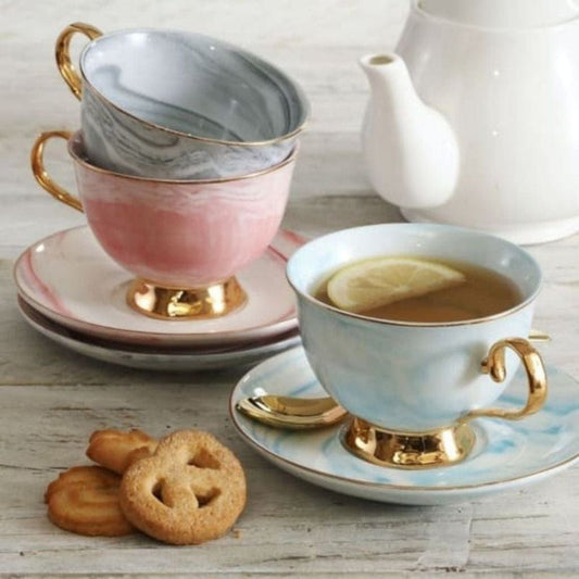 Nicolson Russell London Range - Blue Fine Bone China Teacup and Saucer and Gold Plated Teaspoon (Sold Individually)