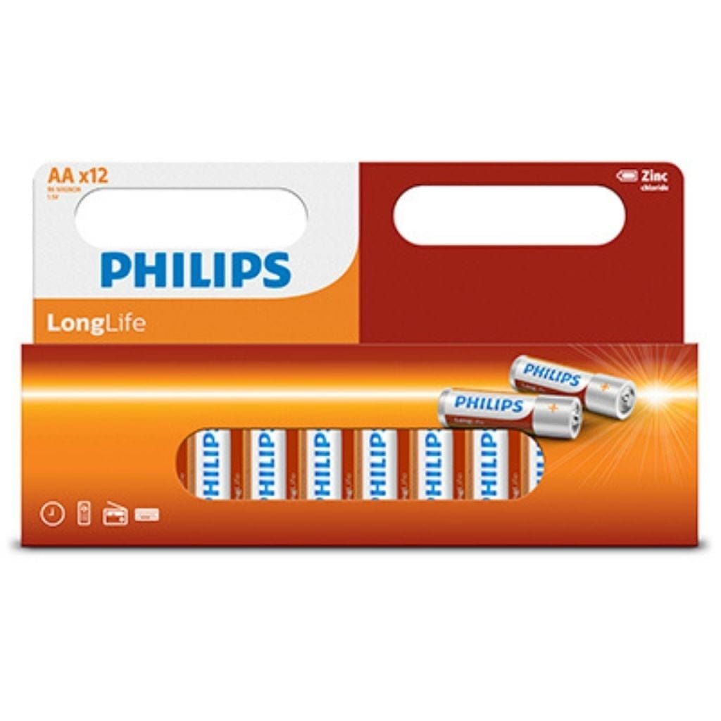 Philips Long-life Zinc AA Batteries 1.5V 12 Pack Window