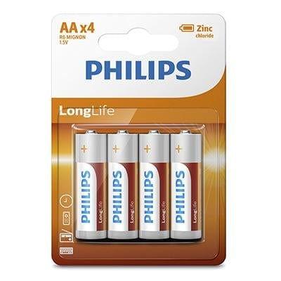 Philips Long-life Zinc AA Batteries 1.5V 4 Pack