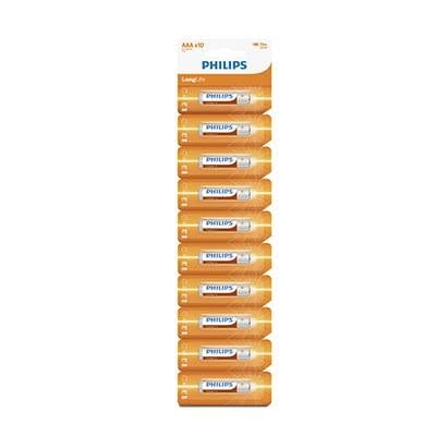 Philips Long-life Zinc AAA Batteries 1.5V 10 Blister - tear off card