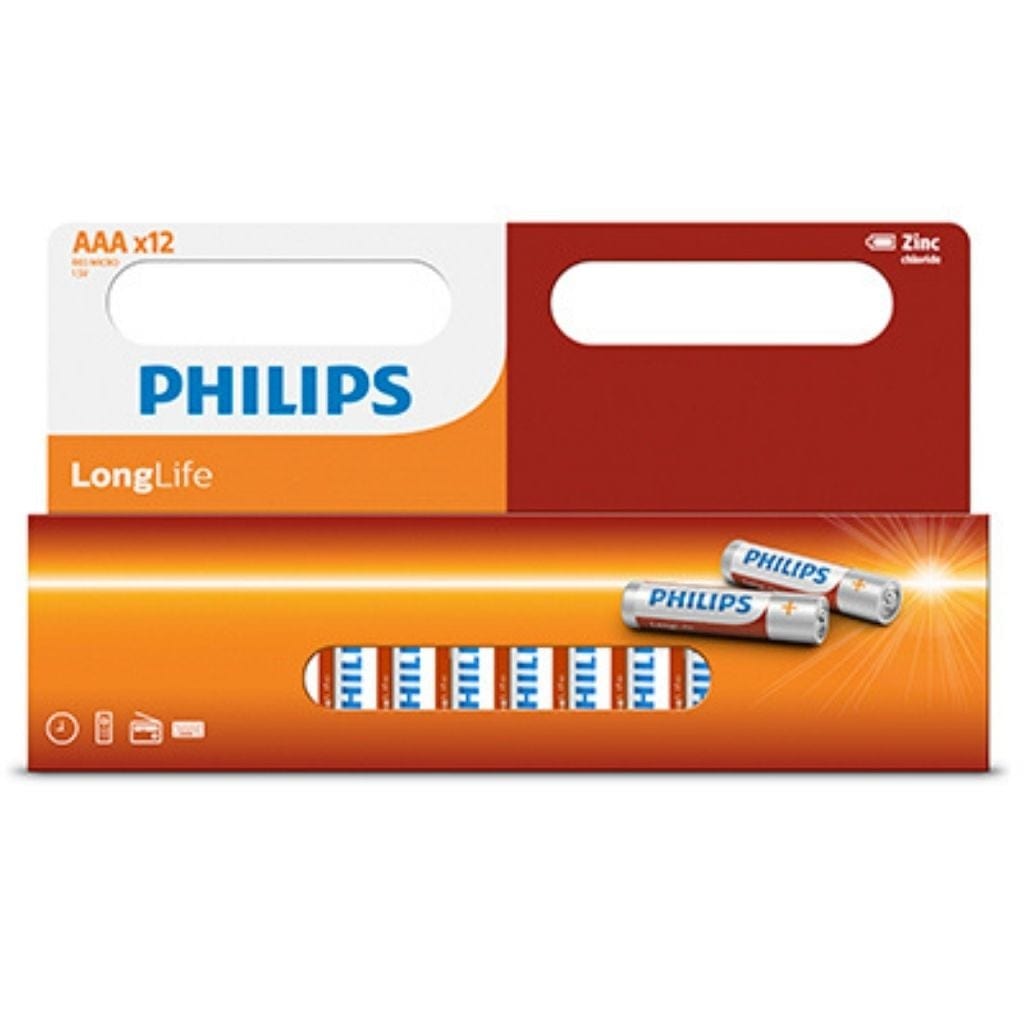 Philips Long-life Zinc AAA Batteries 1.5V 12 Pack Window