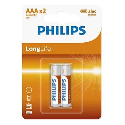 Philips Long-life Zinc AAA Batteries 1.5V 2 Pack
