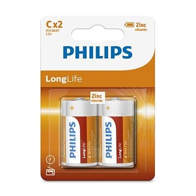 Philips Long-life Zinc C Batteries 1.5V 2 Pack