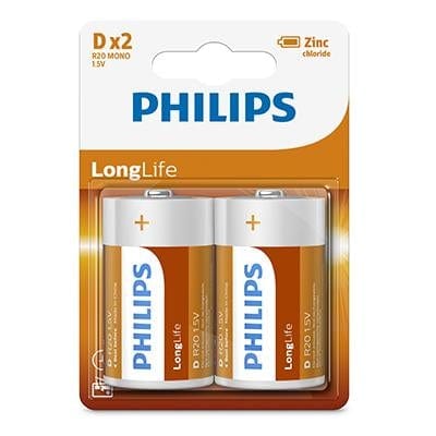 Philips Long-life Zinc D Batteries 1.5V 2 Pack