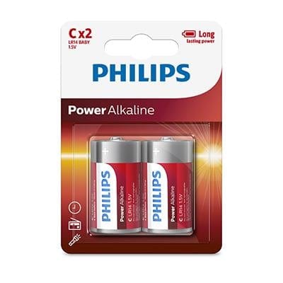 Philips Power Alkaline LR14 C Batteries 1.5V 2 Pack