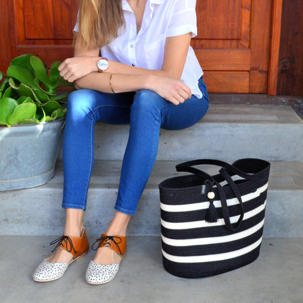 Shopper Bag Black With Ivory Stripes