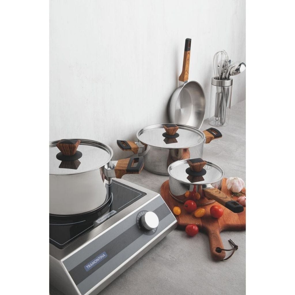 Tramontina Brava Bakelite stainless steel cookware set with tri-ply base and faux wood handles, 4 pc set - TRM-65180310