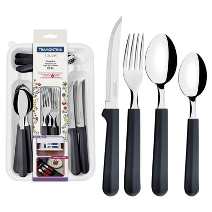 Tramontina Tulum stainless steel flatware set with onyx polypropylene handles and organizer tray, 25 pcs- TRM-23299683