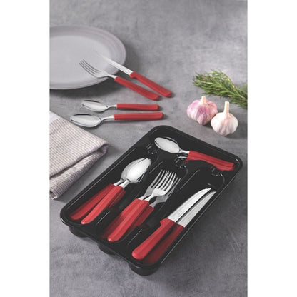 Tramontina Tulum stainless steel flatware set with red polypropylene handles and organizer tray, 25 pcs- TRM-23299783