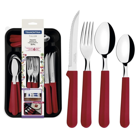 Tramontina Tulum stainless steel flatware set with red polypropylene handles and organizer tray, 25 pcs- TRM-23299783
