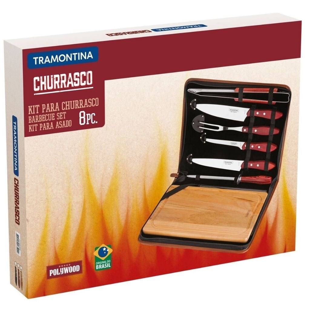 Tramontina stainless steel Braai, barbecue set with brown polywood handles, wood cutting board and case, 8 pcs- TRM-21198965