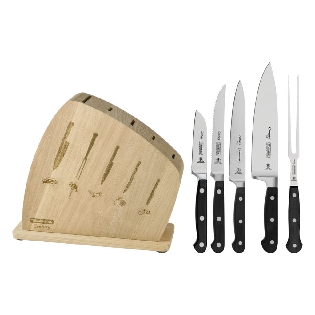 Tramontina Century knife set with stainless steel blades, polycarbonate and fiberglass handles, and wooden holder, 6pc set - TRM-24099036