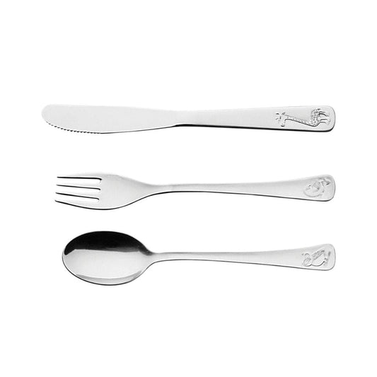 Tramontina Baby Friends stainless steel children's flatware set with shiny finish and relief design, 3 pc set - TRM-66970020
