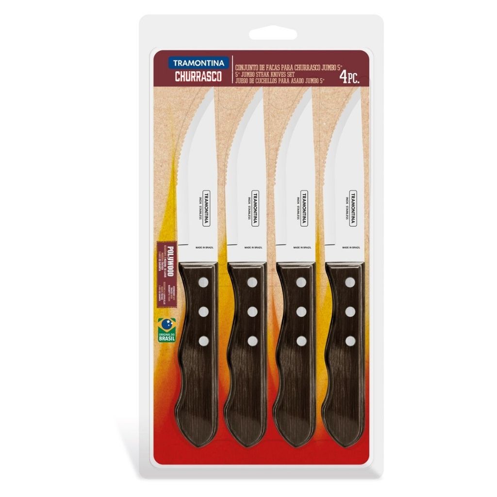 Tramontina Table Knives Tramontina Jumbo stainless steel steak knife set with brown Polywood handles, 4pc set - TRM-21199931